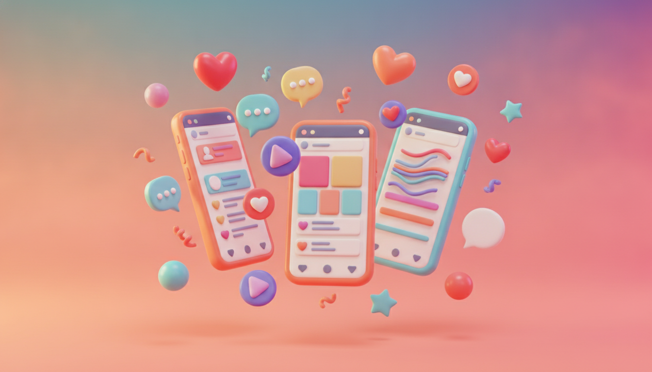 Colorful phones posting to social media